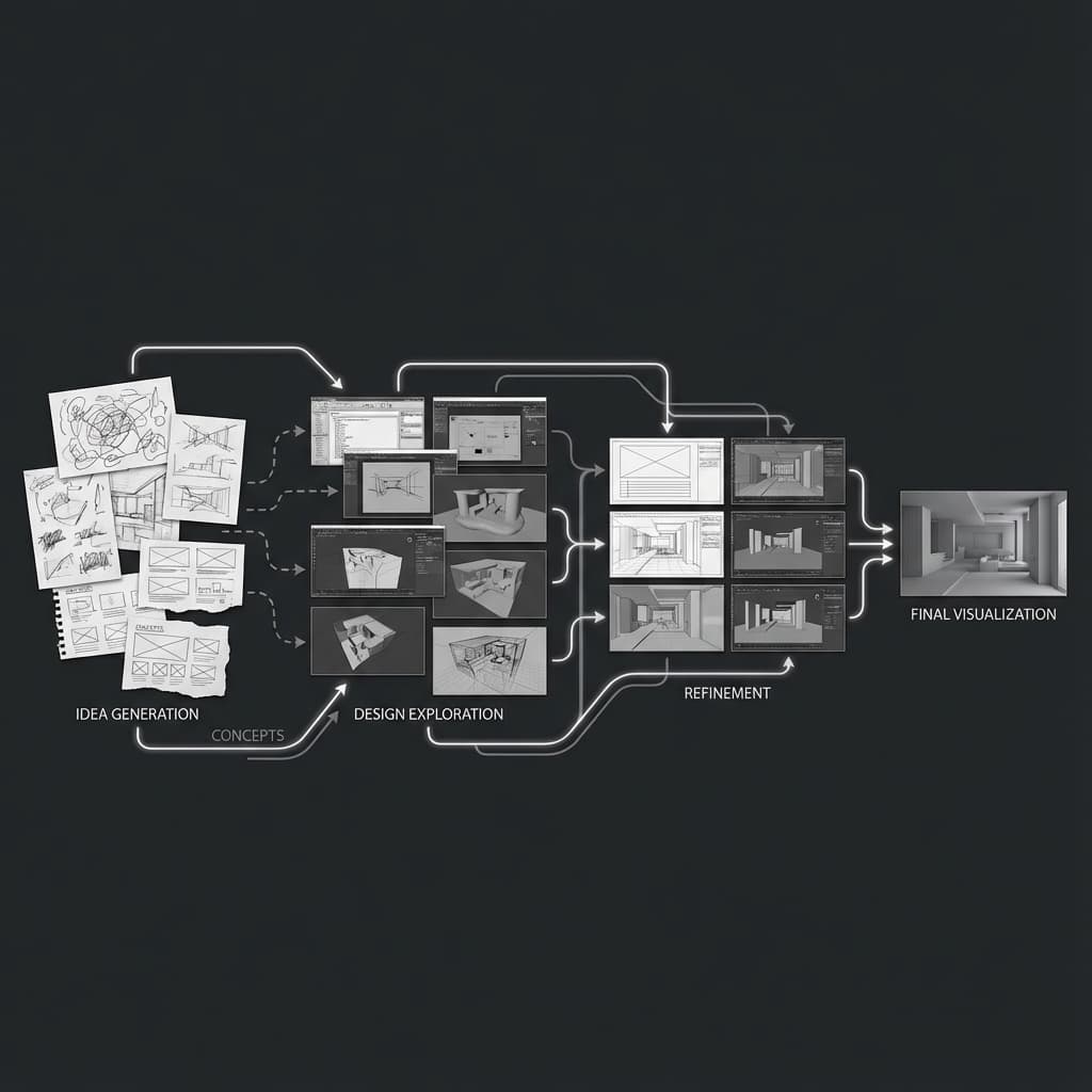Abstract flow from chaotic sketches to final render