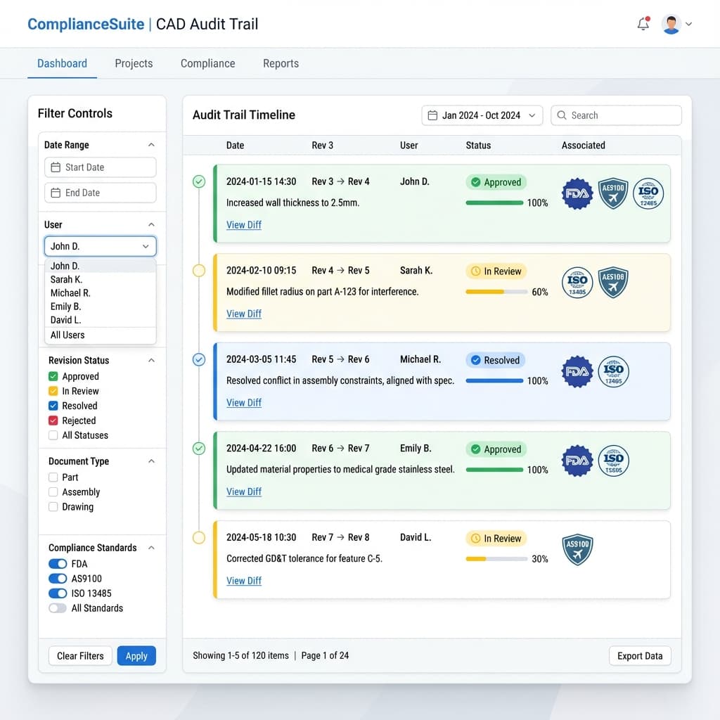 Dashboard showing CAD audit logs and compliance tracking