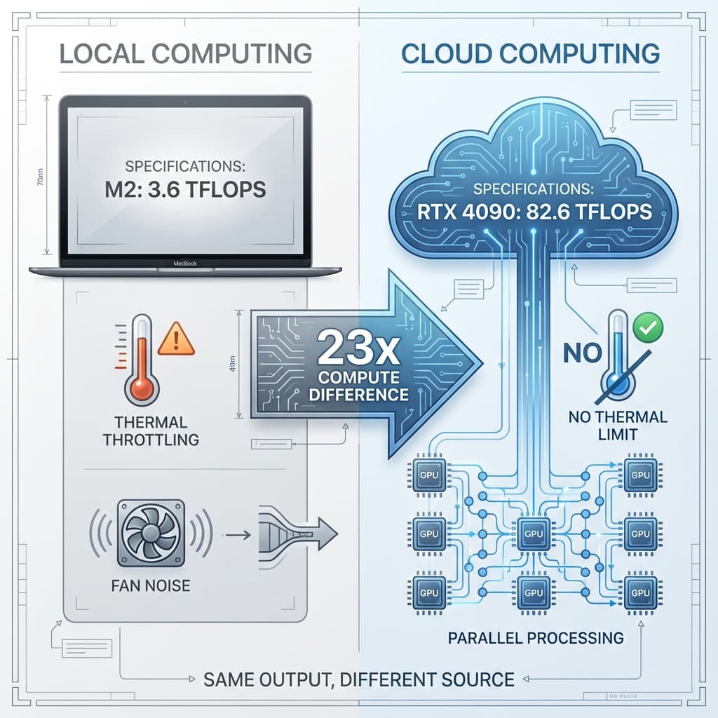 Schematic comparing local MacBook compute vs cloud rendering performance