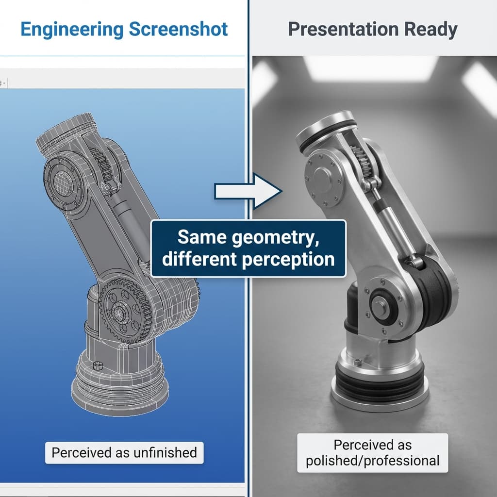 Split comparison: Left side raw CAD screenshot, Right side photoreal render. Text: 'The Blue Gradient Tax'