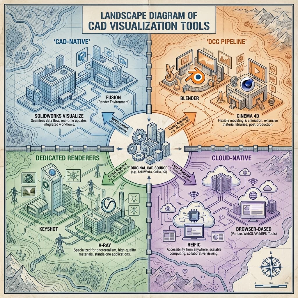 Landscape diagram of modern CAD visualization tools and categories