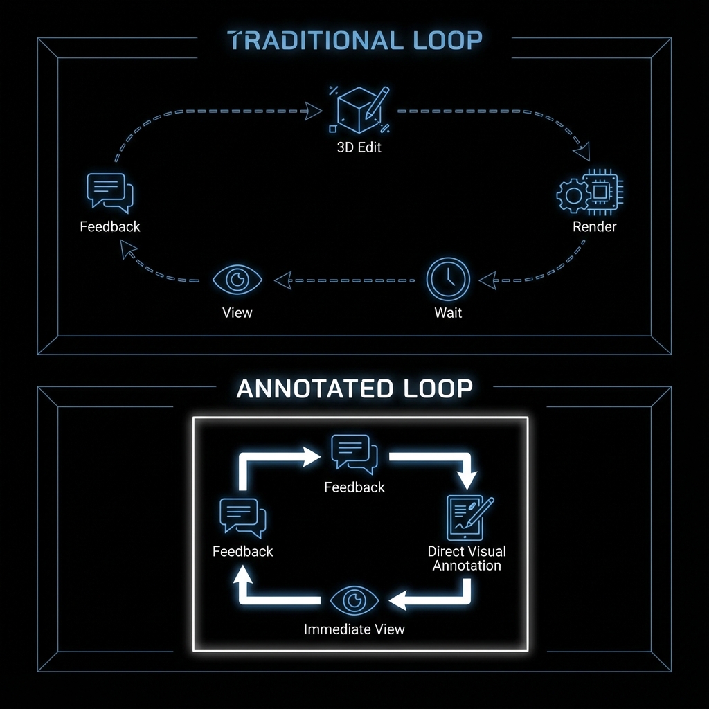 Diagram contrasting annotated vs re-render loops