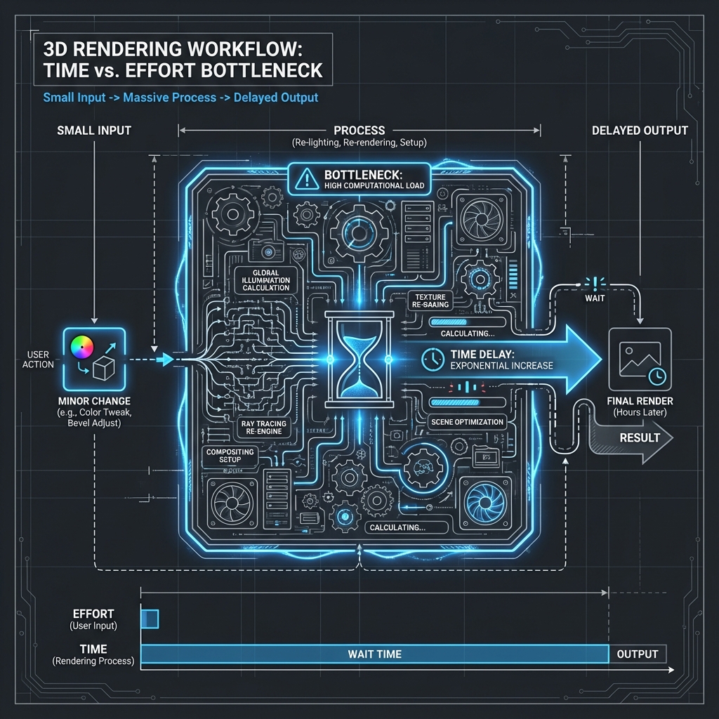 Schematic showing time vs effort in 3D rendering workflow