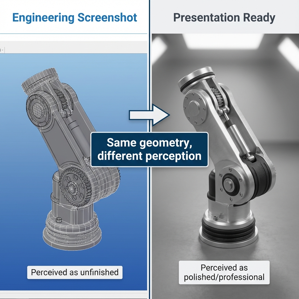 Split comparison: Left side raw CAD screenshot, Right side photoreal render. Text: 'The Blue Gradient Tax'