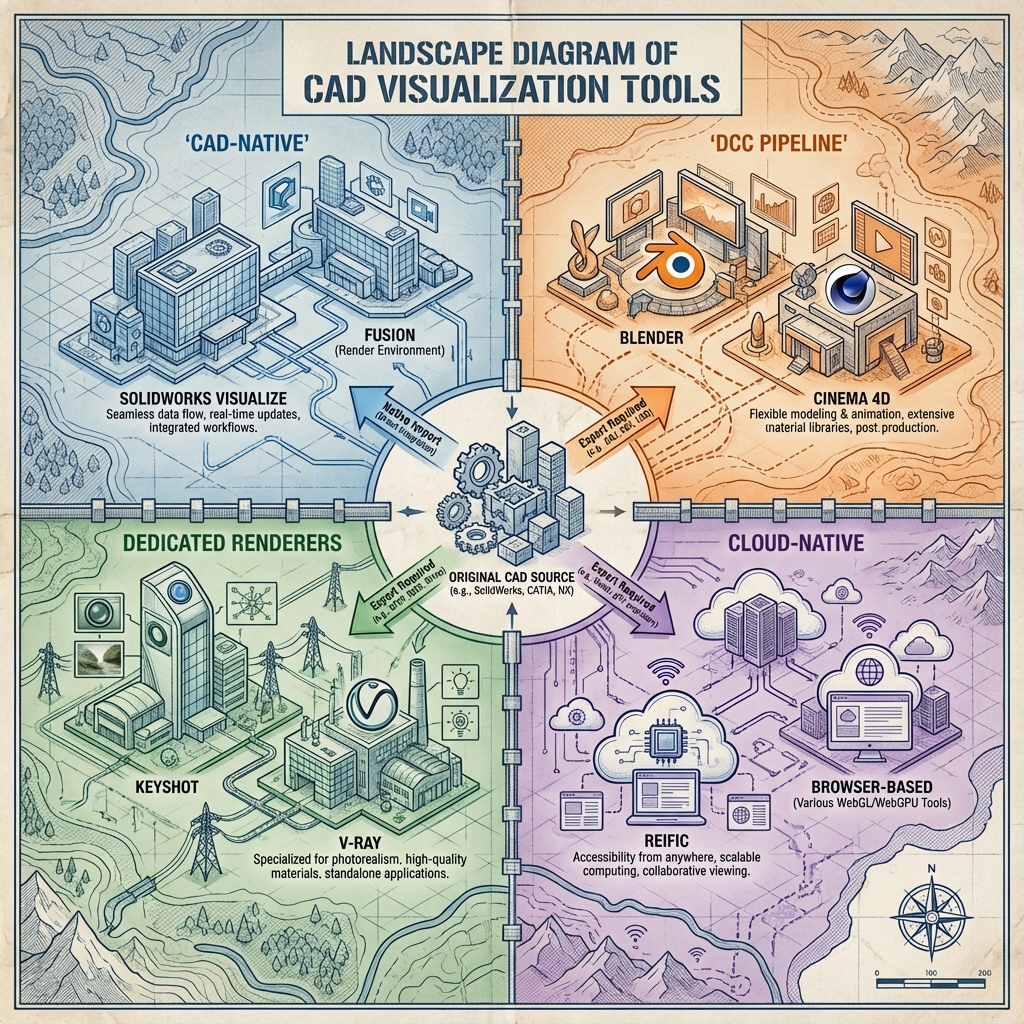 Landscape diagram of modern CAD visualization tools and categories
